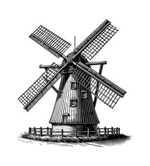 Obraz premium windmill engraving black and white outline
