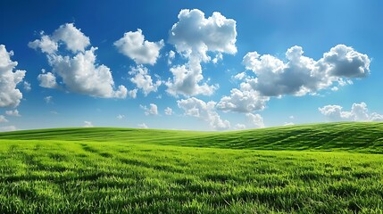 Obraz premium Green meadows with blue sky and clouds background.