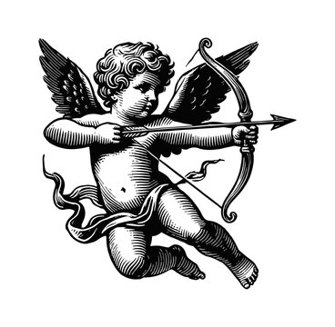 cherub engraving black and white outline