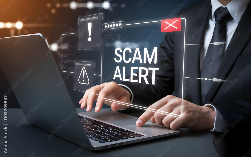 Poster scam alert on laptop: a businessman using a laptop with a digital screen displaying a red 