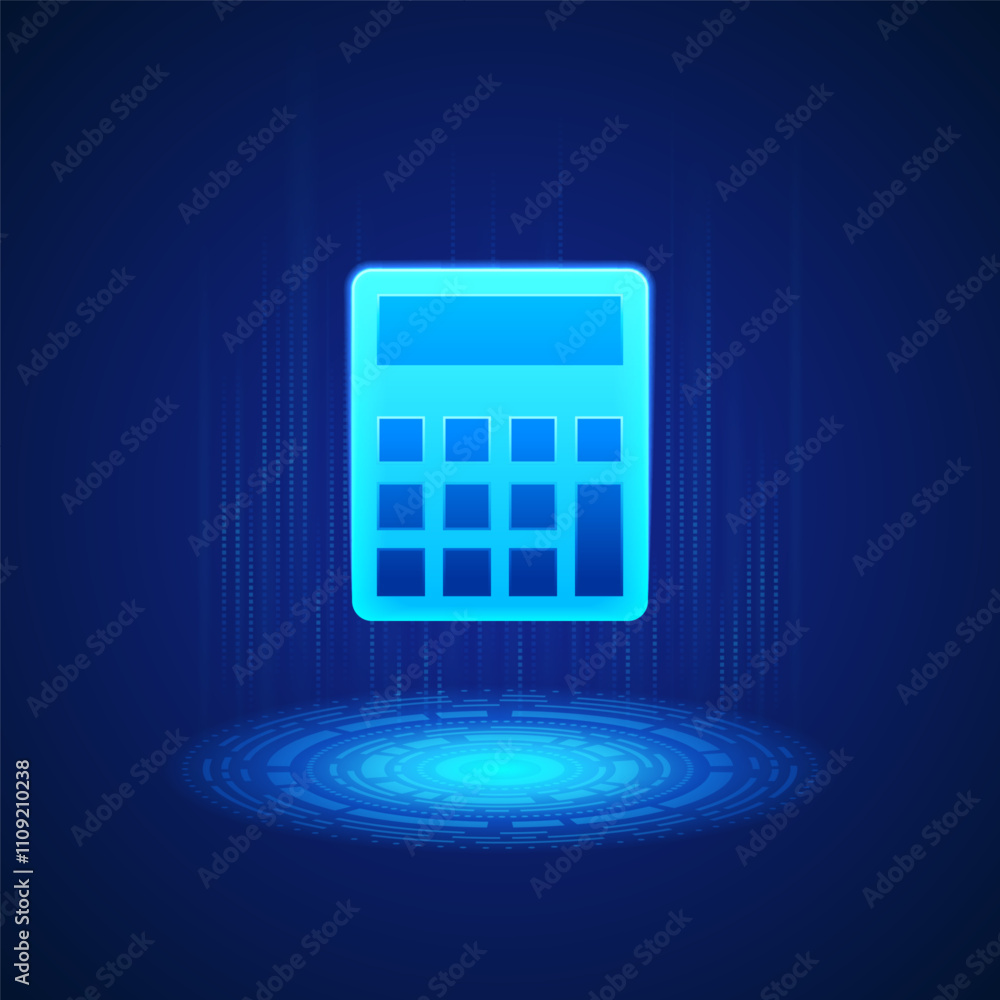 Poster glowing blue calculator icon floats above a digital platform on a blue background with vertical ligh