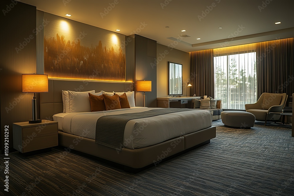 Poster a large bed with a white comforter and pillows is in a room with a large window
