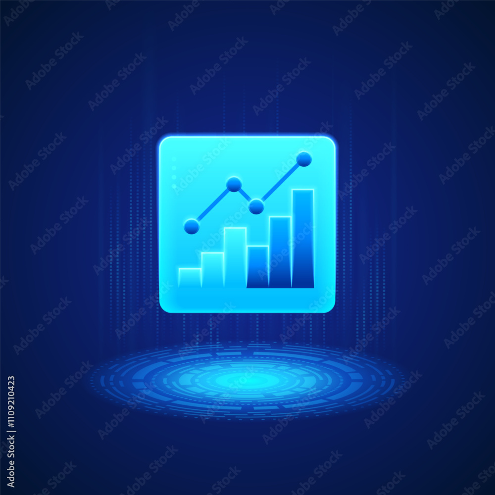 Poster glowing blue chart icon with a bar graph and line graph overlay on a dark blue digital background wi