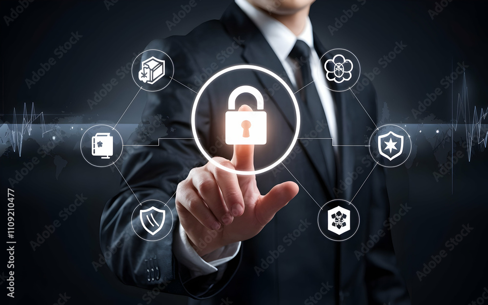 Poster cybersecurity expert: a businessman in a suit, confidently presses a glowing padlock icon on a digit