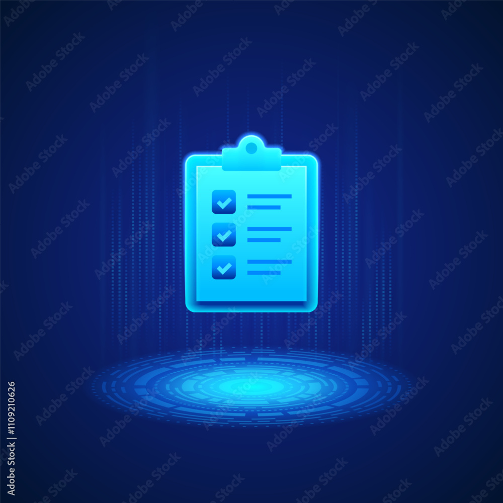 Poster glowing blue clipboard with three checkmarks and lines representing text hovers above a digital plat