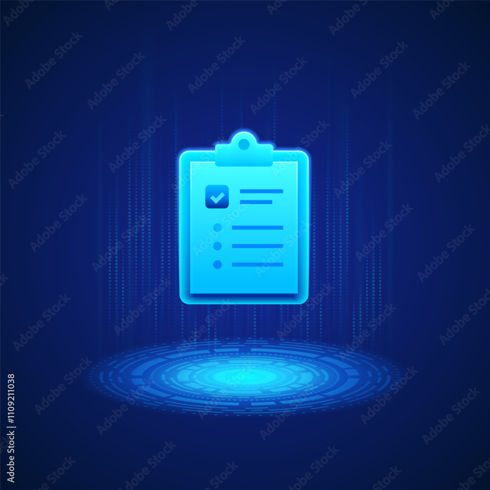 Poster Glowing blue clipboard icon with a checkmark and list items floating above a digital circular platform. Represents task management and organization in a high-tech context
