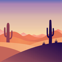 Desert Sunset with Cacti Silhouettes