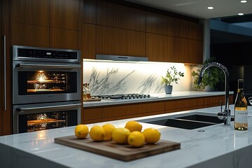 A kitchen with a white countertop and a wooden cutting board