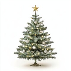 Fototapeta premium Beautifully Decorated Small Christmas Tree with Silver Ornaments and Gold Star Topper