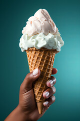 Hand holding a waffle cone with white ice cream against a teal background, showcasing a clean and minimalist aesthetic.