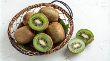 Fresh kiwi fruits in a basket top view on white background nature food photography organic concept for health enthusiasts