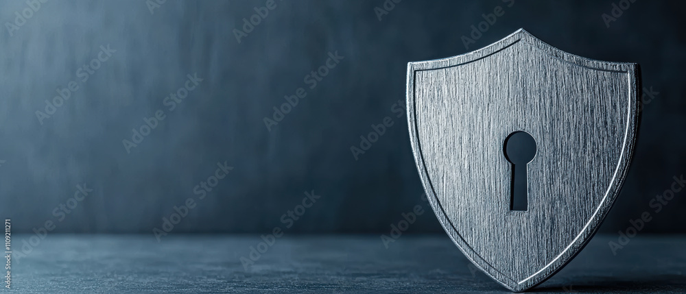 Poster password protection, a conceptual image of a metallic shield with a keyhole, symbolizing security an
