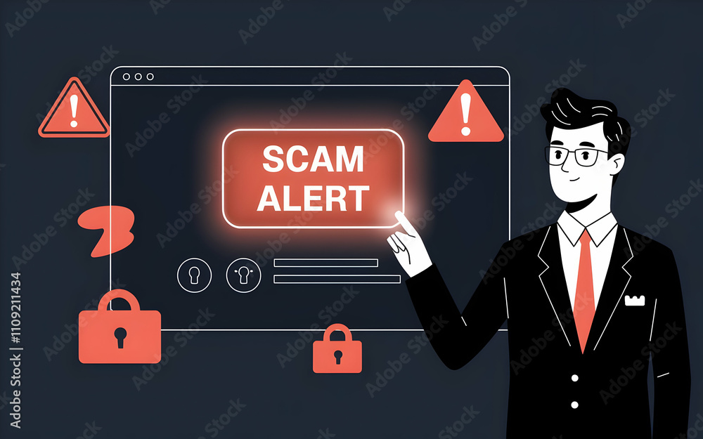 Poster scam alert: businessman pointing at a scam alert on a computer screen, warning about the dangers of 