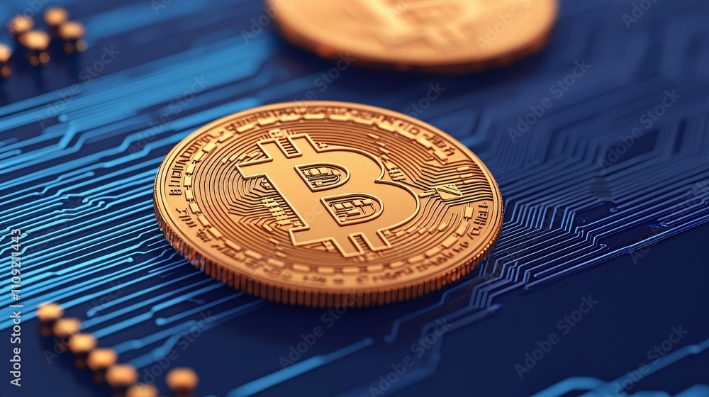 Poster close-up of bitcoin coins on circuit board background for cryptocurrency concepts