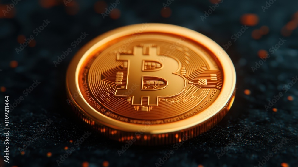 Poster shiny golden bitcoin coin on dark background with sparkles and textures