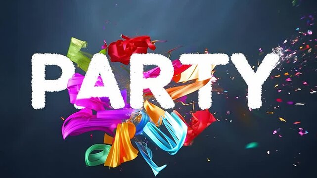 An animated lettering of the word Party with a colorful animation