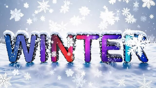 An animated lettering of the word winter as a background consisting of snowflakes and ice.