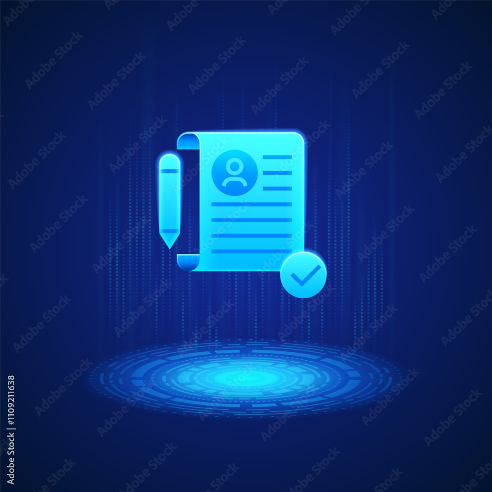 Poster a glowing blue contract icon with a pen and a checkmark. the contract has a user profile symbol and 