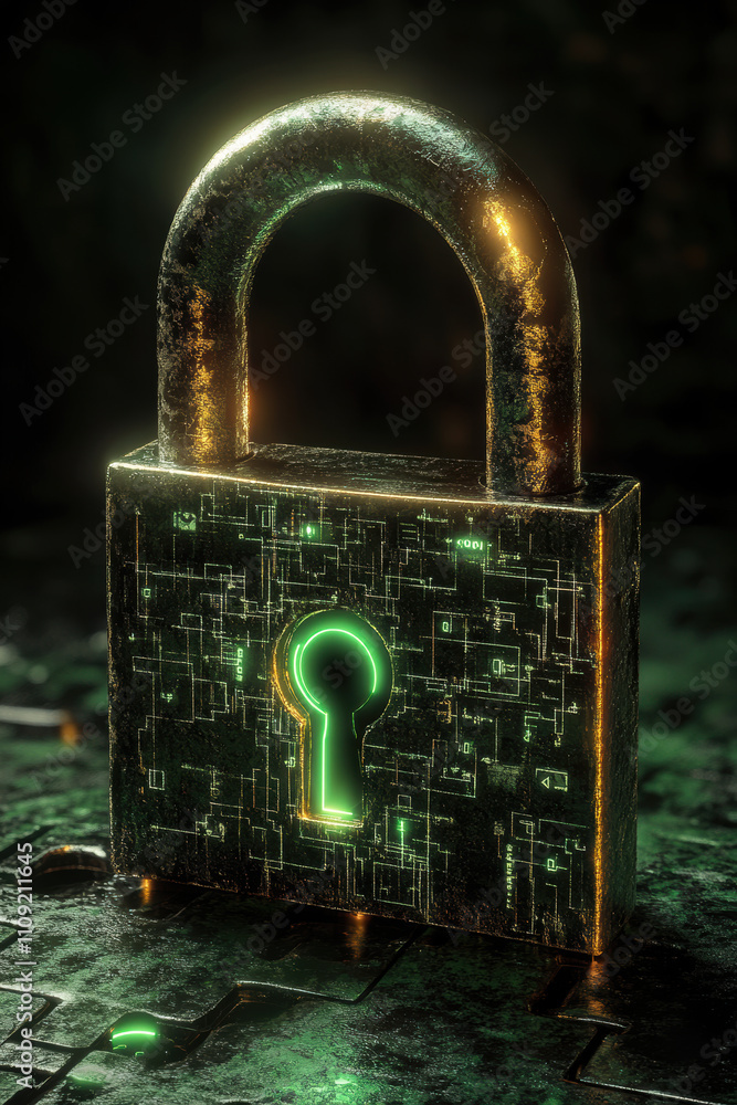 Poster cryptography visualization, a futuristic padlock illuminated with green light, symbolizing security 