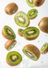Fototapeta premium Flying kiwi fruit slices in water nature photography high-fidelity freshness concept vibrant background