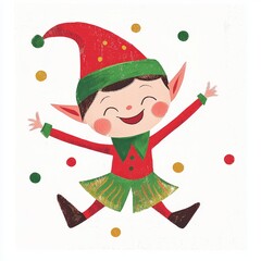 Cheerful Illustrated Christmas Elf in Festive Costume Jumping with Joy