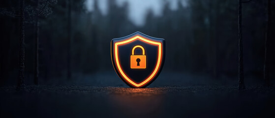 Password protection, A modern shield icon with a padlock, symbolizing digital security and protection in a dark forest background.