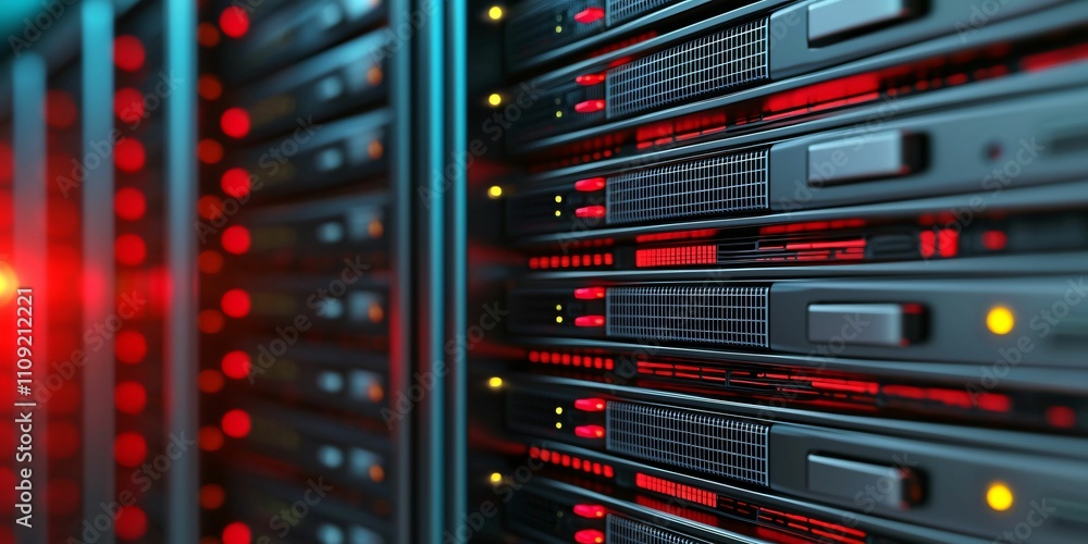 Poster concept of digital technology, it support and telecommunications. data center with illuminated serve