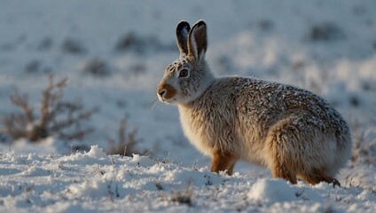 Obraz premium Winter scene with mountain hare in the snow.