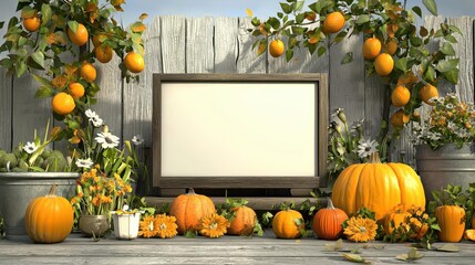Autumn scene with pumpkins, flowers, and a vintage TV on a rustic wooden backdrop.