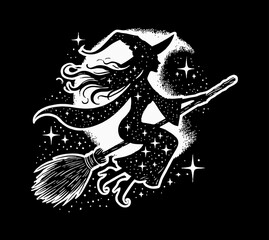 Fototapeta premium witch broom fly engraving black and white outline