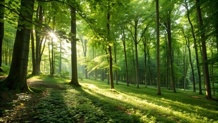 Fototapeta premium Lush green forest with sunlight filtering through