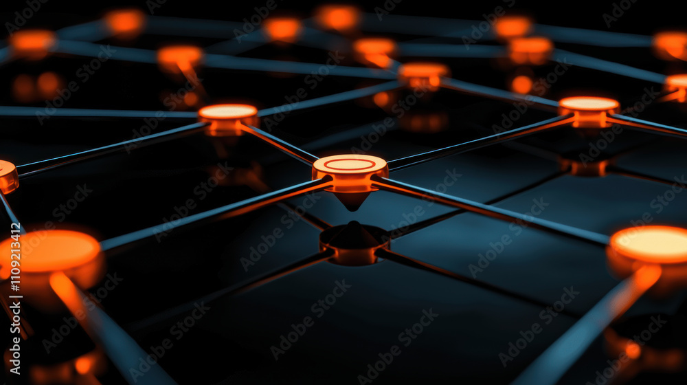 Poster social access, an abstract representation of a digital network with glowing orange nodes interconnec