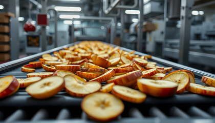 Sliced and dried apples on a conveyor belt in food processing facility with a white accent, png