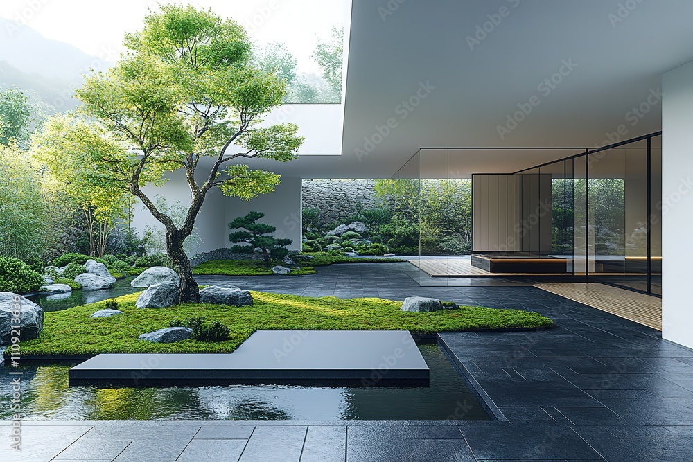 Poster a large tree is in the middle of a garden with a stone path leading to a house
