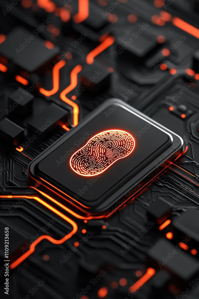 Poster biometric authentication, close-up view of a microchip on a circuit board with glowing orange highli