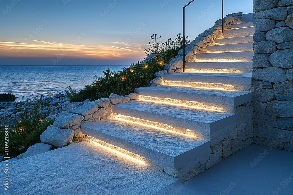Poster a staircase leading up to a building with a view of the ocean