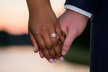 A close-up of intertwined hands with an engagement ring, set against a blurred sunset