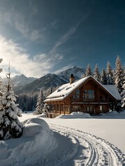 Fototapeta premium Winter Wonderland Hotel escape in the mountains.