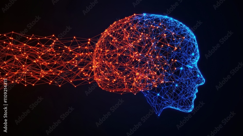 Poster digital abstract representation of human brain with red and blue neural networks
