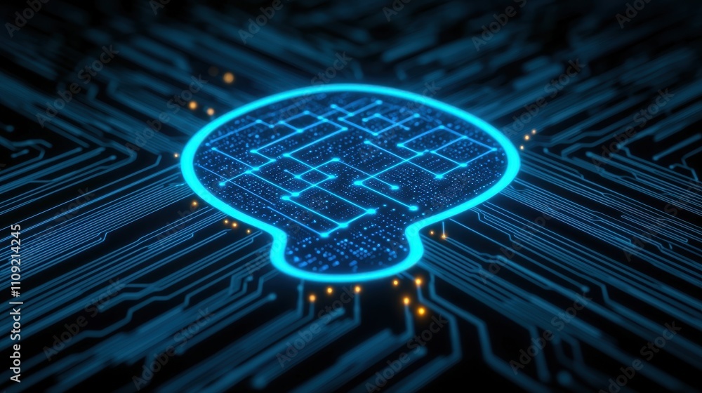 Poster futuristic digital brain concept with circuit patterns and neon glow effects