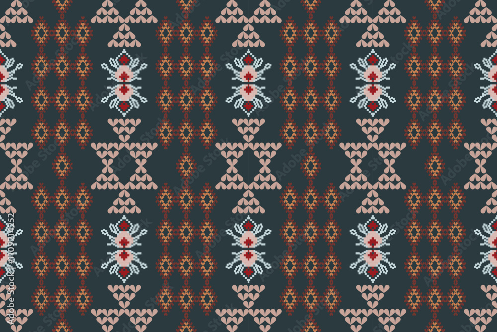 Poster an intricate fabric design featuring geometric patterns, heart-like motifs, and central crosses in r