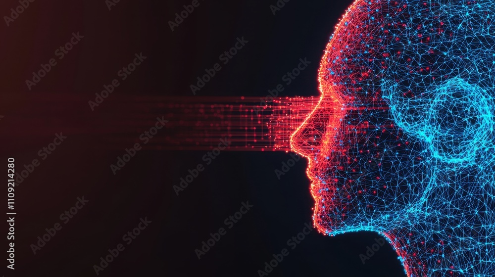 Poster futuristic human profile with network connections and data streaming effect