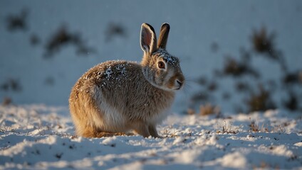 Naklejka premium Winter wonderland with a mountain hare in the snow.