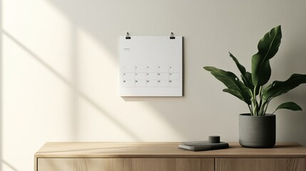 Minimalist calendar mockup on wooden shelf with plant.