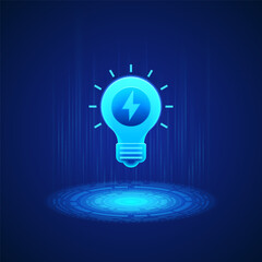 Business icon of a glowing light bulb with a lightning bolt inside, surrounded by small lines indicating illumination. This represents the concept of an idea, symbolizing innovation and creativity