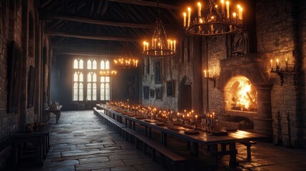 Fototapeta premium A grand medieval dining hall illuminated by glowing candles. A long table set for a feast awaits guests. The ambiance is warm and inviting. Generative AI