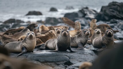 A group of sea lions relaxing on rocky shore.