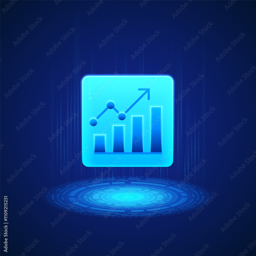 Poster business icon featuring a glowing blue square with a bar chart and an upward trending line graph. th