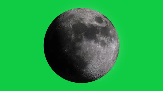 Natural satellite of the World: Moon, Luna, Lunar. Beautiful texture and moonlight in green screen. Moon is rotating. Astronomical illustration of the Moon phase animation from full to new moon