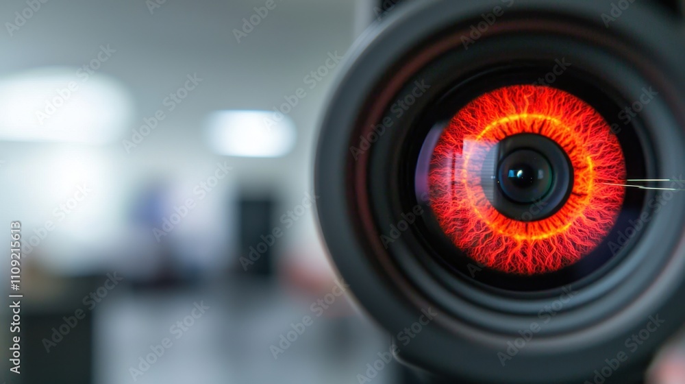 Poster stunning close-up of camera lens with intricate red eye design and bokeh effect